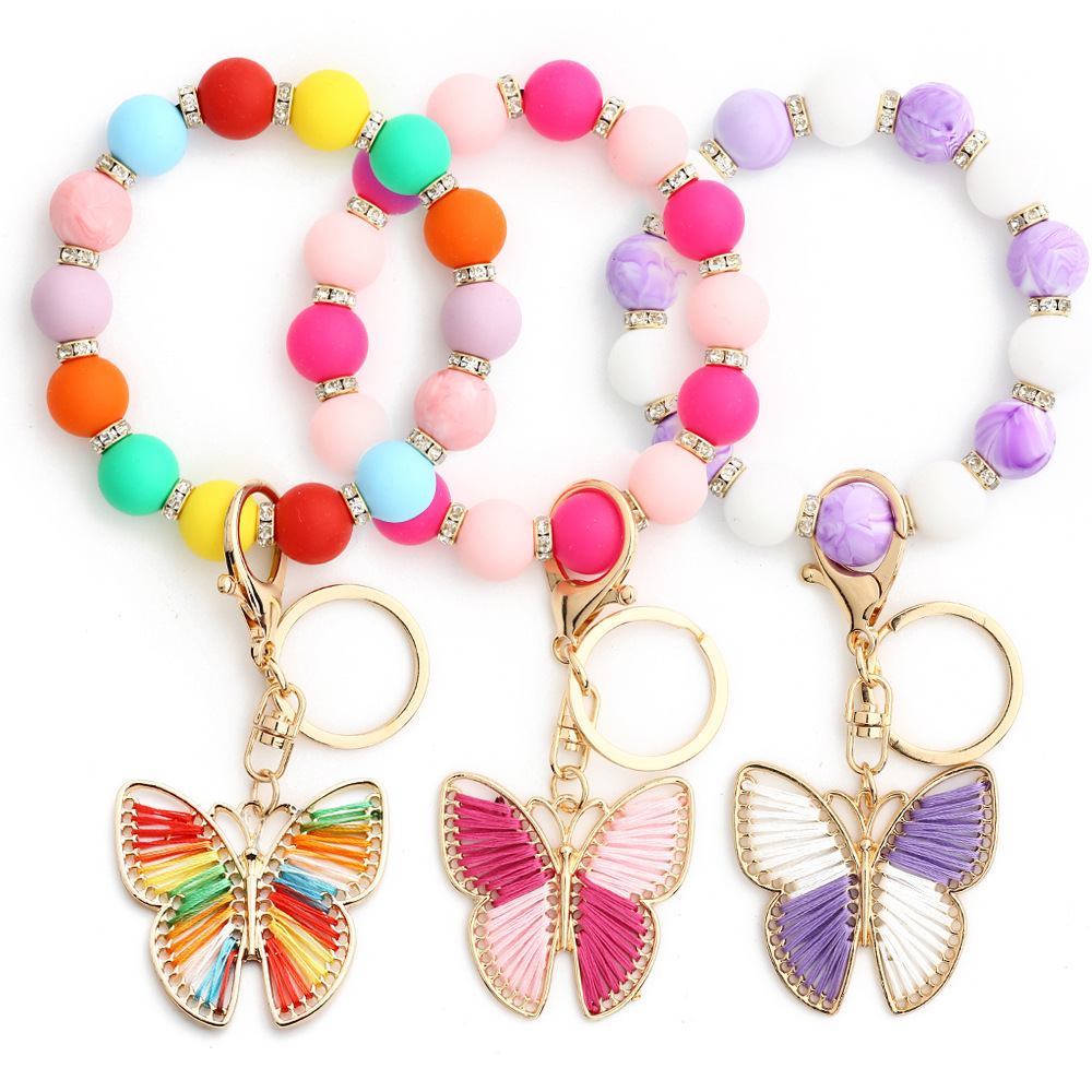 2024 Newest design wristlet keychain silicon beads bracelet metal butterfly accessories multi colors keychain for gift