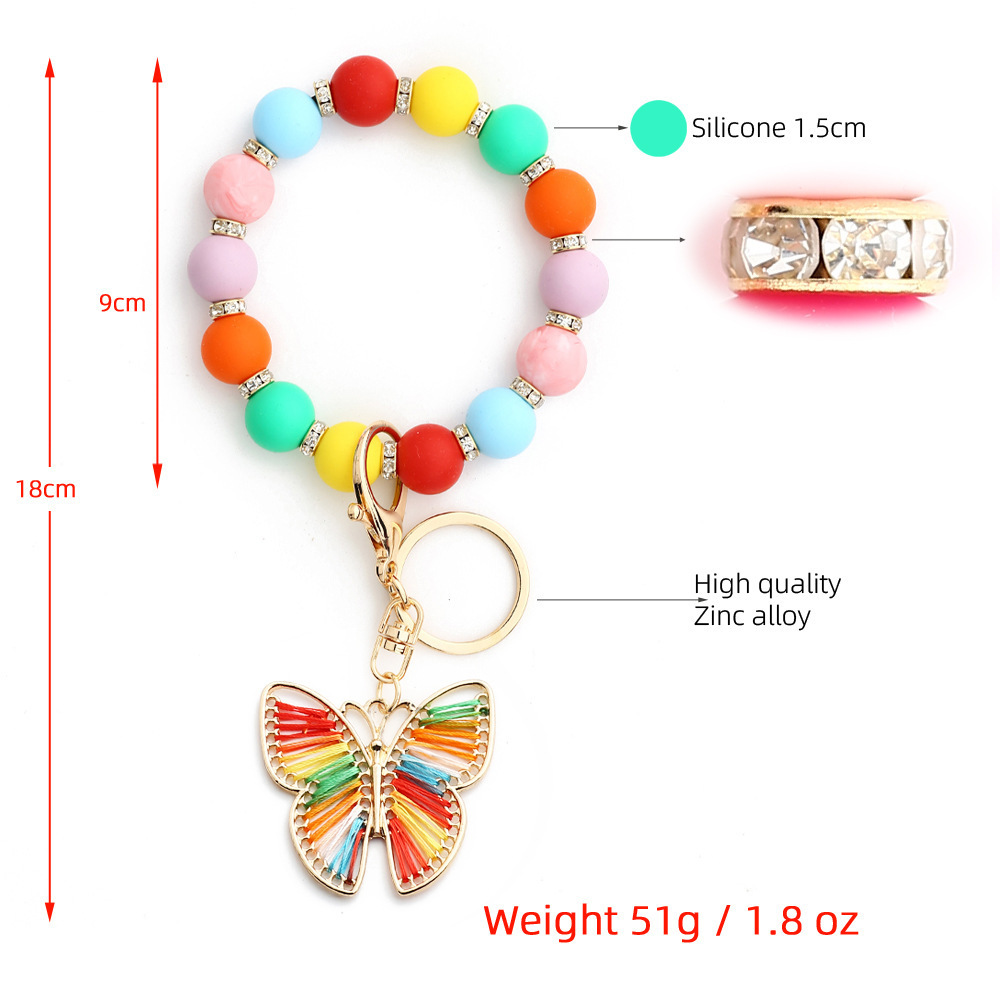 2024 Newest design wristlet keychain silicon beads bracelet metal butterfly accessories multi colors keychain for gift