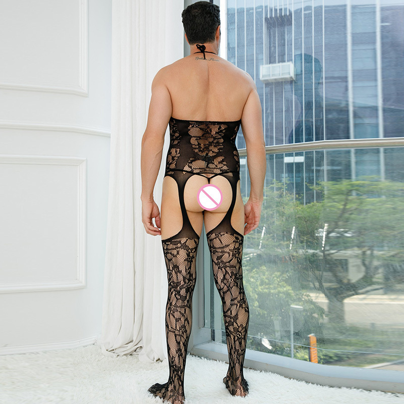 Chic Sexy Printed Lace Men Erotic Lingerie Mesh Hollow Out Halter Sleeveless Sling Bodystocking Man Body Stocking