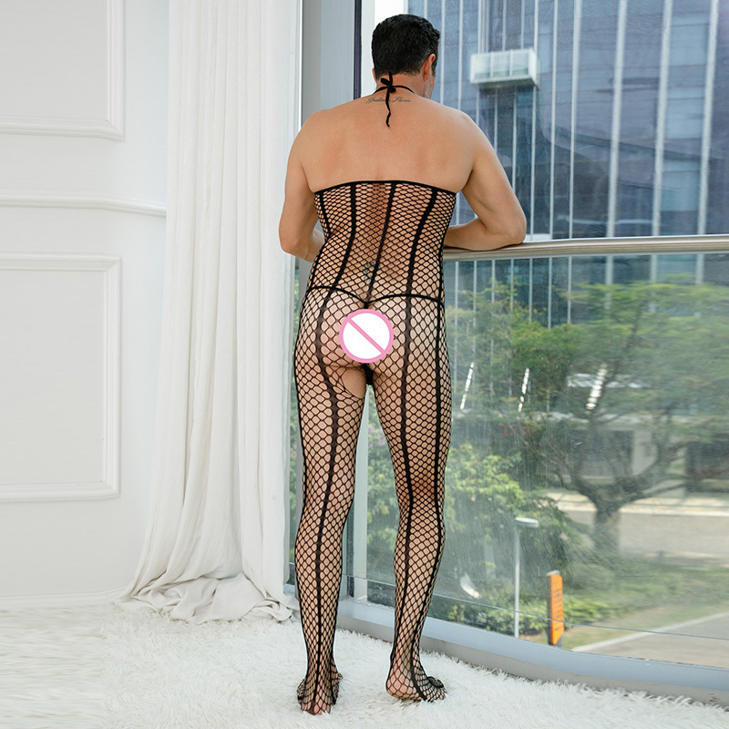 Halter Chic Sexy Men Erotic Lingerie Mesh Hollow Out Perspective Off Shoulder Slim Bodystocking