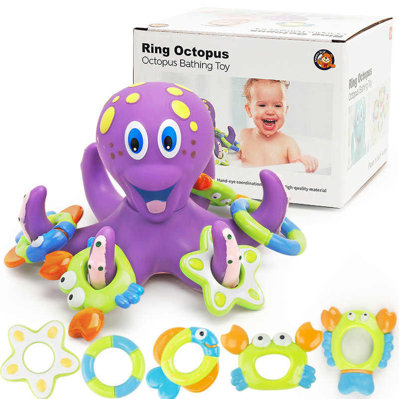 Rubber Octopus Bathing Shower Toys Floating Purple Octopus with 5 Hoopla Rings Interactive Bath Toy Wholesale