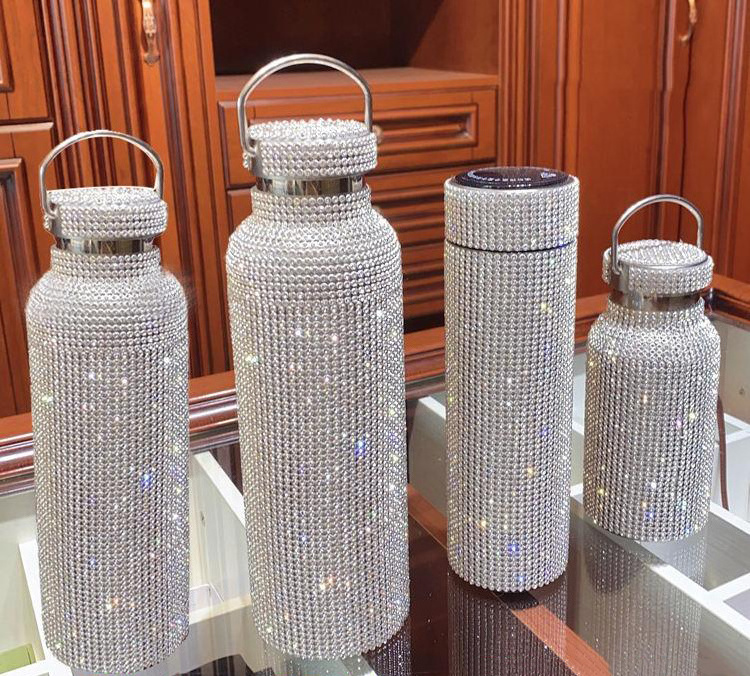 High Quality 750mL Dazzling Stylish Rhinestone Refillable Stainless Steel Water Bottle For Women