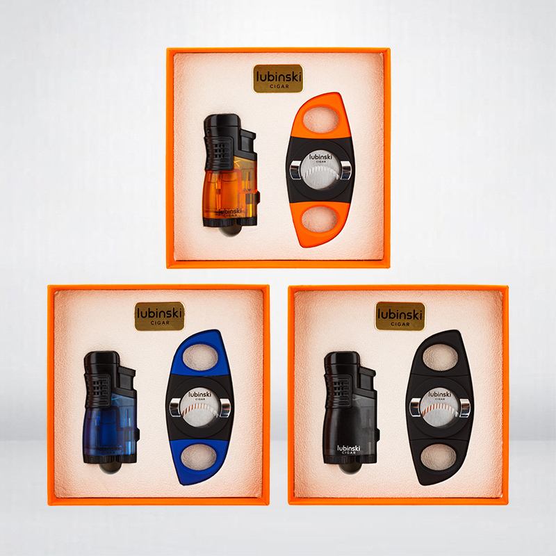 Cigar two-piece lighter cigar cutter combination three straight punch windproof lighter set