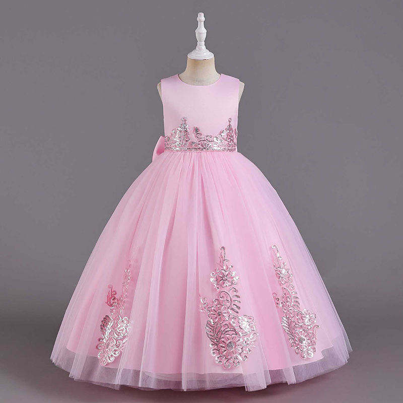 Little Girls Solid Color Floral Sequins Sleeveless Dress Toddler Girls Fancy Princess Gown Dress