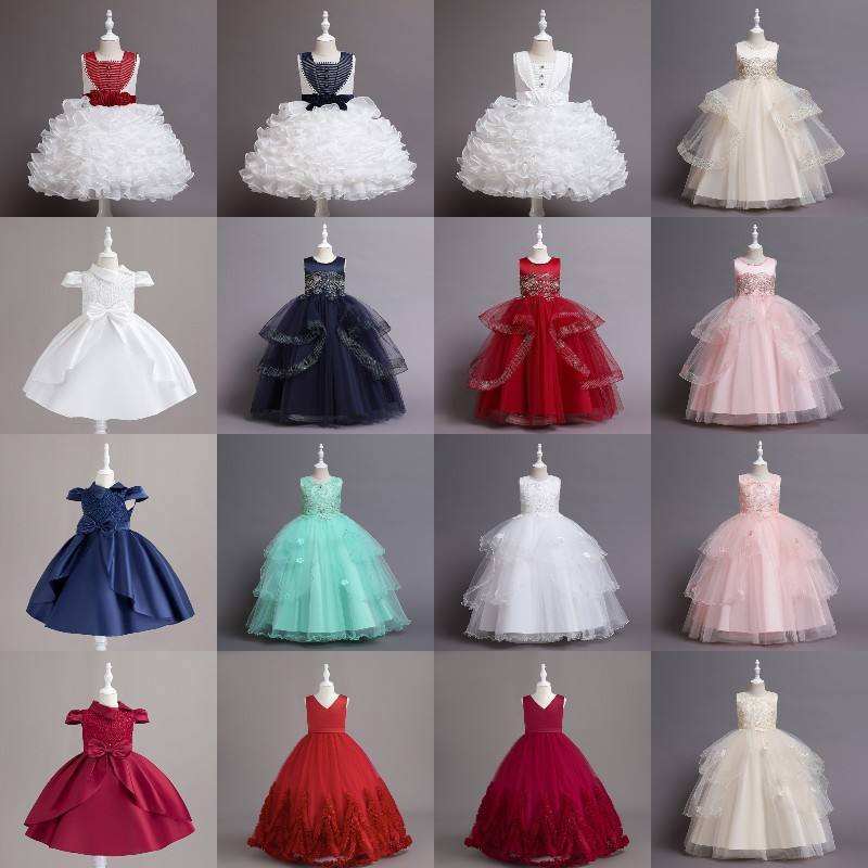 New round neck beaded sleeveless fluffy cake wedding bow elegant birthday party dress white dress for baby girls 2-12 years old