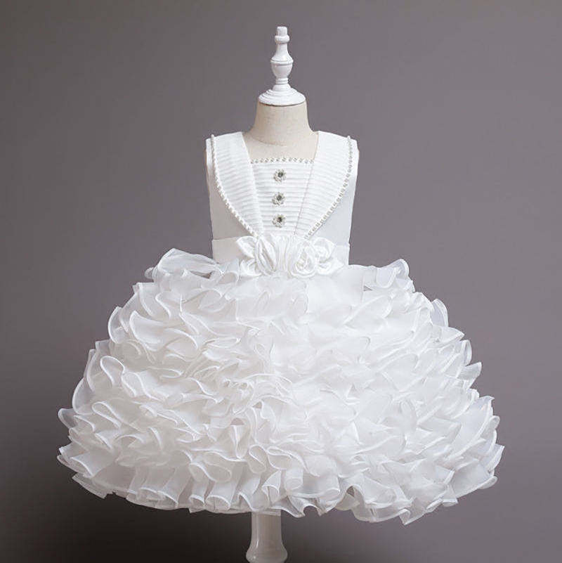 New round neck beaded sleeveless fluffy cake wedding bow elegant birthday party dress white dress for baby girls 2-12 years old