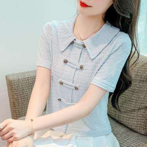 Fashion Female Office Short Puff Sleeve Formal Shirt Tops Women's Blouses Turn Down Collar Polyester Blouse Chiffon Women Shirt