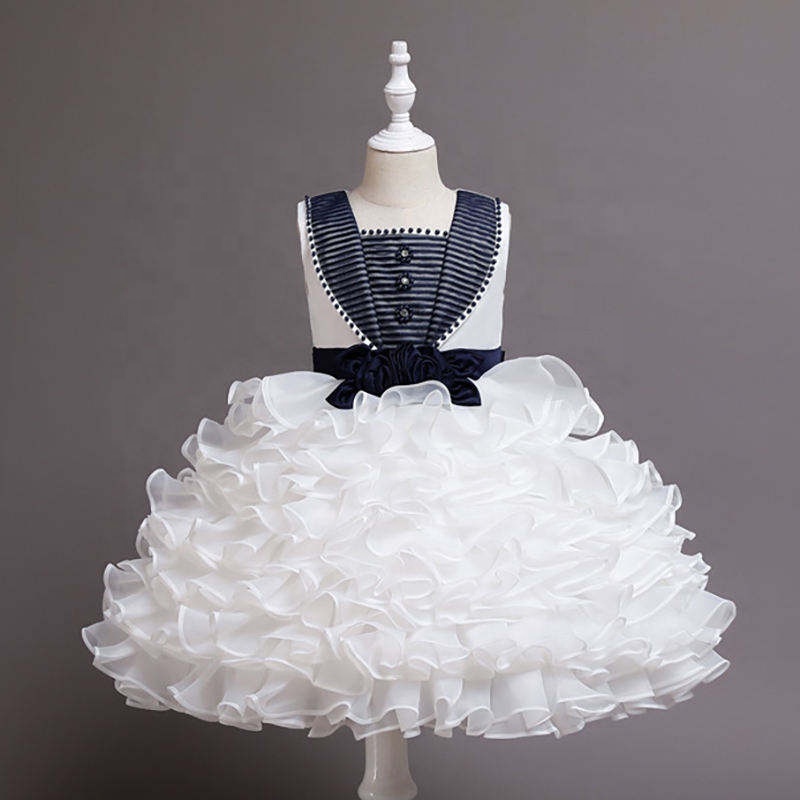 New round neck beaded sleeveless fluffy cake wedding bow elegant birthday party dress white dress for baby girls 2-12 years old