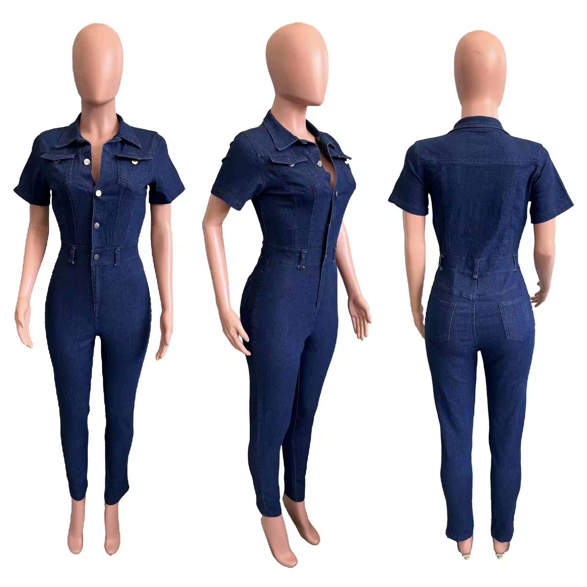 Fashionable Dark Blue Lapel Short Sleeve Button Pencil Skinny Leggings Women's Denim Jumpsuit