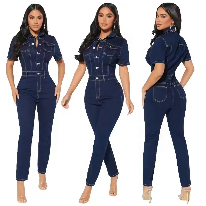 Fashionable Dark Blue Lapel Short Sleeve Button Pencil Skinny Leggings Women's Denim Jumpsuit