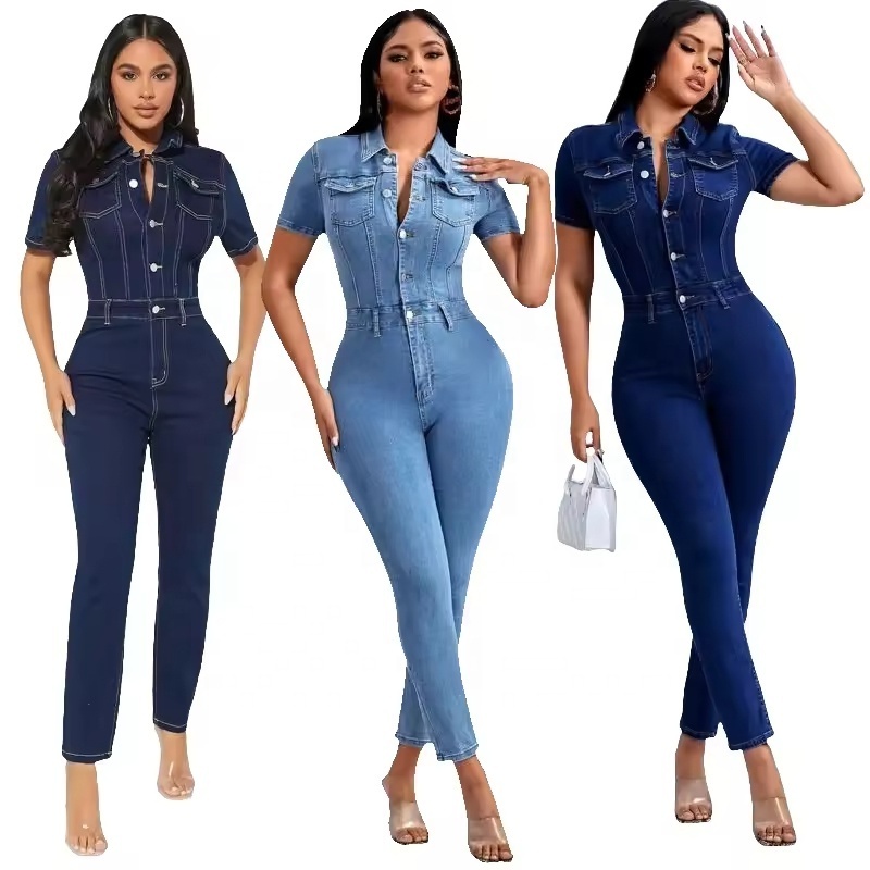 Fashionable Dark Blue Lapel Short Sleeve Button Pencil Skinny Leggings Women's Denim Jumpsuit