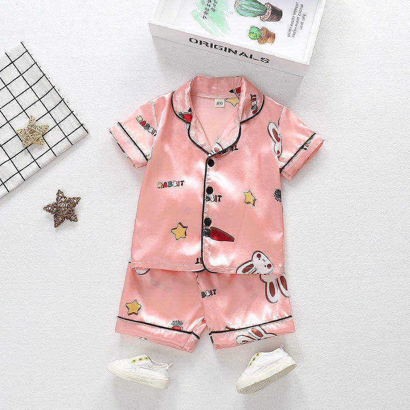 Satin Kids Pajama Set Short Sleeve Button Silk Pajamas Teddy Bear Boys Pajamas