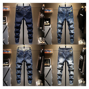 High-end stretch washed vintage jeans men's ripped patch embroidered slim fit petite trousers 2024 pants