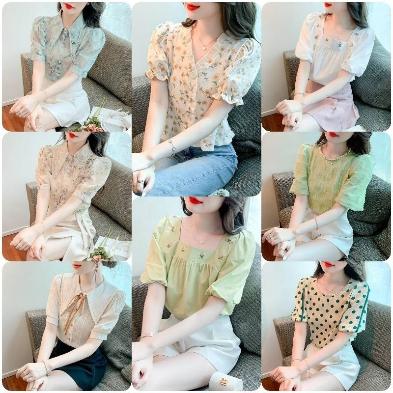 Fashion Female Office Short Puff Sleeve Formal Shirt Tops Women's Blouses Turn Down Collar Polyester Blouse Chiffon Women Shirt