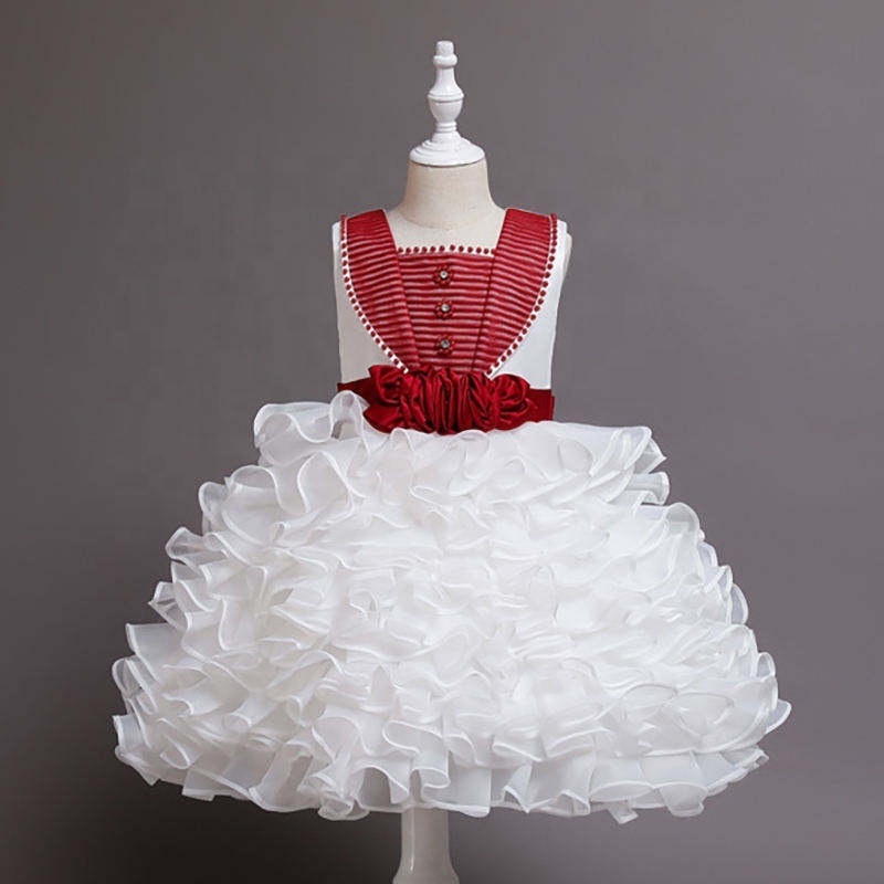 New round neck beaded sleeveless fluffy cake wedding bow elegant birthday party dress white dress for baby girls 2-12 years old