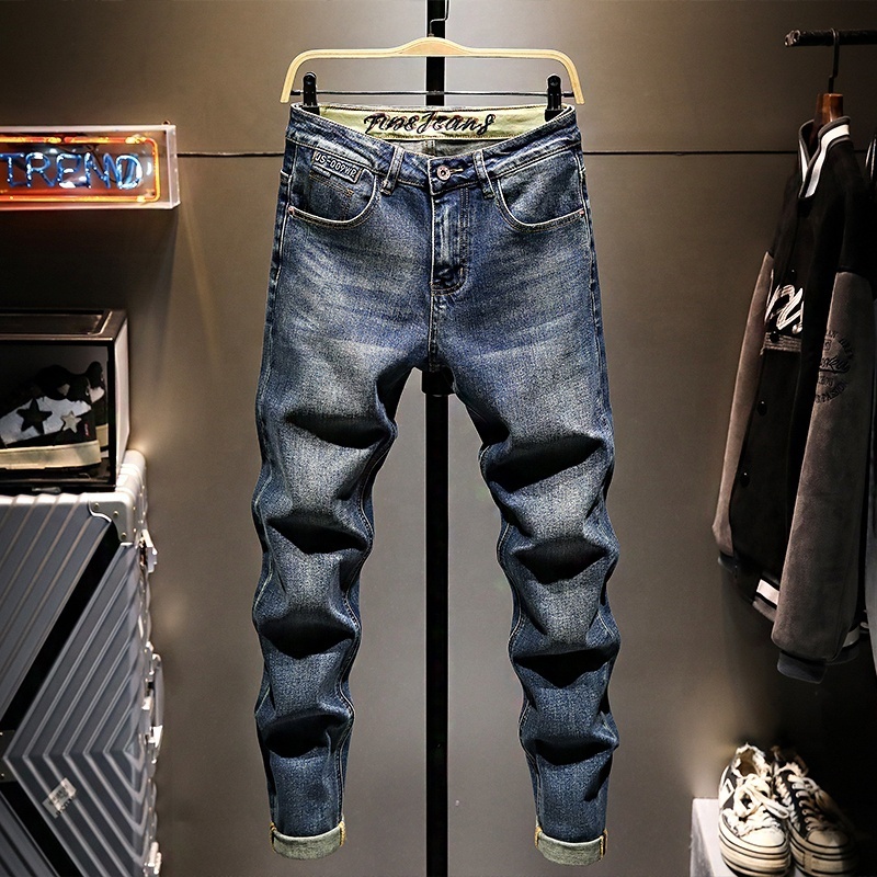 High-end stretch washed vintage jeans men's ripped patch embroidered slim fit petite trousers 2024 pants