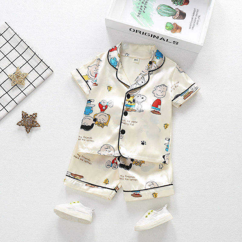 Satin Kids Pajama Set Short Sleeve Button Silk Pajamas Teddy Bear Boys Pajamas