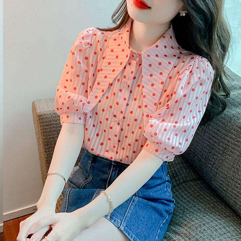 Fashion Female Office Short Puff Sleeve Formal Shirt Tops Women's Blouses Turn Down Collar Polyester Blouse Chiffon Women Shirt