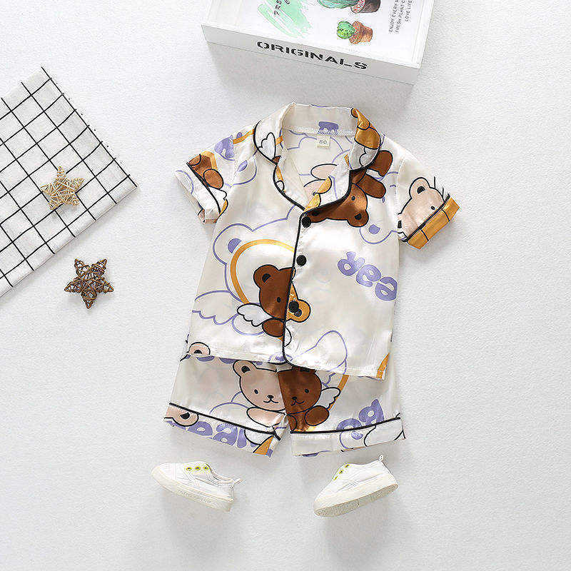 Satin Kids Pajama Set Short Sleeve Button Silk Pajamas Teddy Bear Boys Pajamas