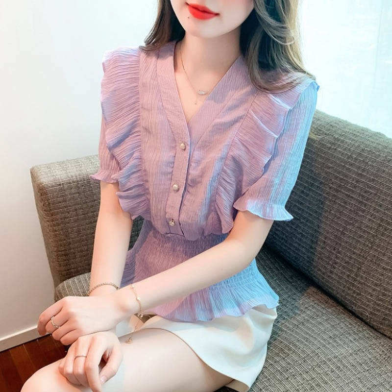 Fashion Female Office Short Puff Sleeve Formal Shirt Tops Women's Blouses Turn Down Collar Polyester Blouse Chiffon Women Shirt