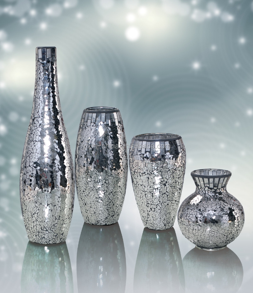 Manufacturer Romantic Style Handmade Elegant Glass Crackle Black and Silver Mirror Mosaic Wholesale Glass Vases