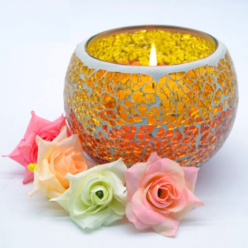 Factory Stained Glass Orange Crackle Mosaic Tabletop Tealight Dinner Candle Holder