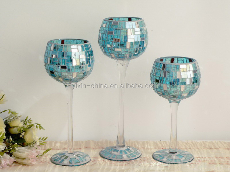 Silvery goblet mosaic glass votive wedding candle holder