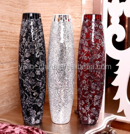 Silvery and Black Bulging Handmade Home Centerpieces Crackle Tall Glass Vase with Round Bottom