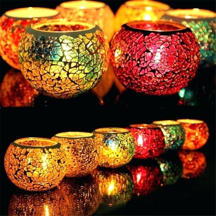 Factory Stained Glass Orange Crackle Mosaic Tabletop Tealight Dinner Candle Holder