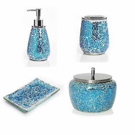 Turquoise Housewares Crackle Mosaic Bathroom Accessories 4-piece Set includes Soap Dispenser Tumbler Toothbrush Holder Soap Dish