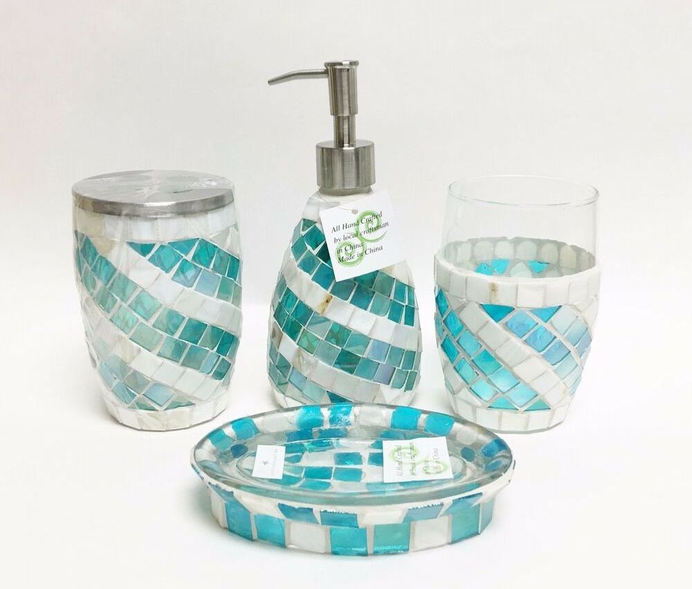 Turquoise Housewares Crackle Mosaic Bathroom Accessories 4-piece Set includes Soap Dispenser Tumbler Toothbrush Holder Soap Dish