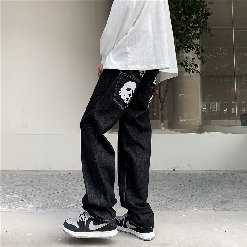 New American Street Vintage High Printed Jeans Straight Leg Loose Hiphop Skeleton Pants