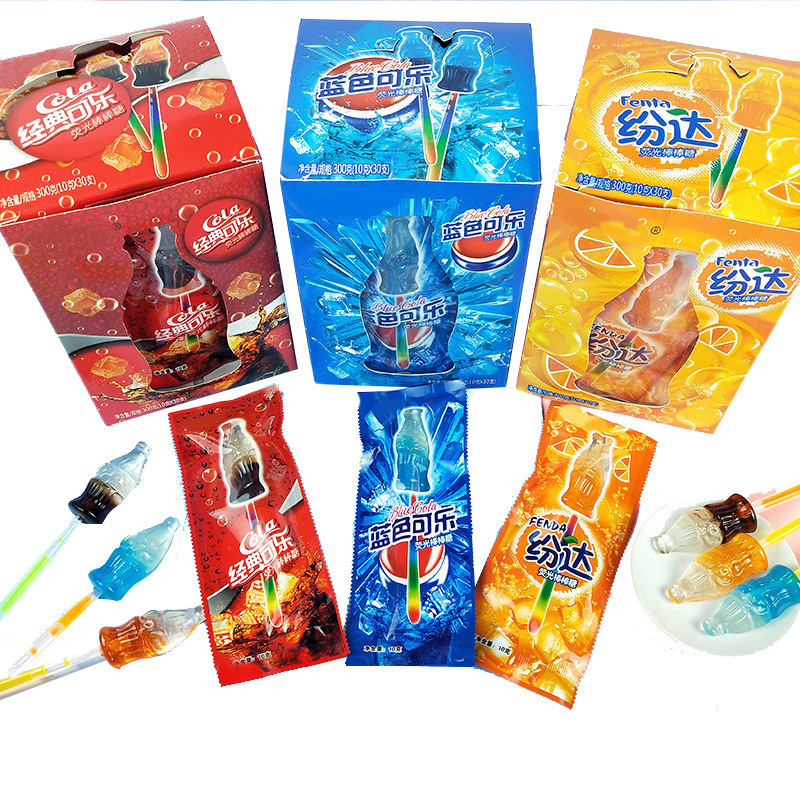 Sweets Wholesaler Cola Shaped Lollipop Confectionery Cola Lemon Orange Flavor Glow Light Stick Lollipop