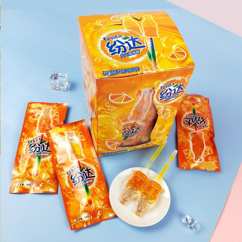 Sweets Wholesaler Cola Shaped Lollipop Confectionery Cola Lemon Orange Flavor Glow Light Stick Lollipop