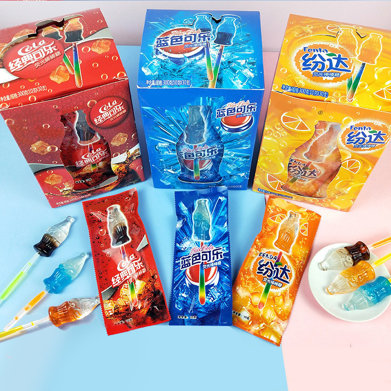 Sweets Wholesaler Cola Shaped Lollipop Confectionery Cola Lemon Orange Flavor Glow Light Stick Lollipop