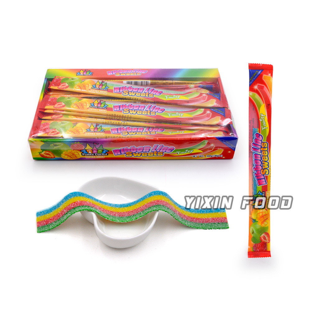 OEM rainbow sugar coated sour belt strips gummy candy