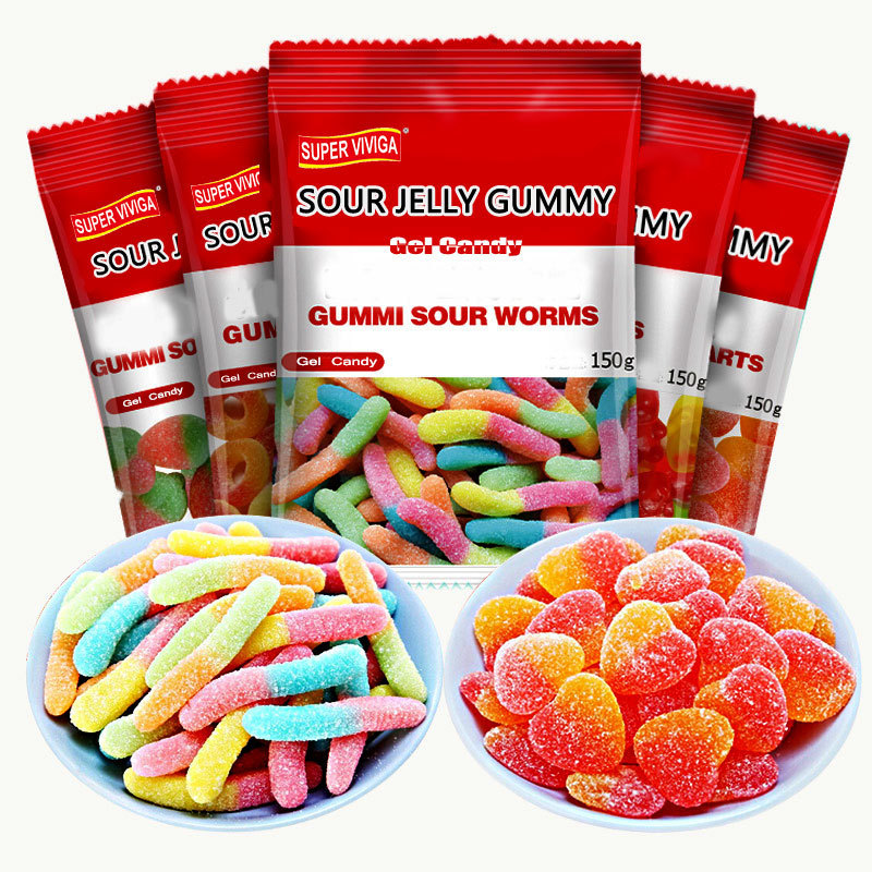 Wholesale Dulce Caramelo Sweet Sour Jelly Doce Flavor Gummies Shaped Gelatin Candy Worm Sour Jolly