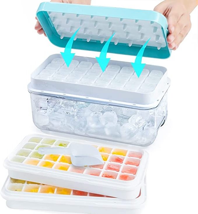 Silicone Ice Cube Tray for Freezer 64 Nuggets Ice Tray with Lid and Storage Bin Stackable Ice Container with Scoop for Cocktail