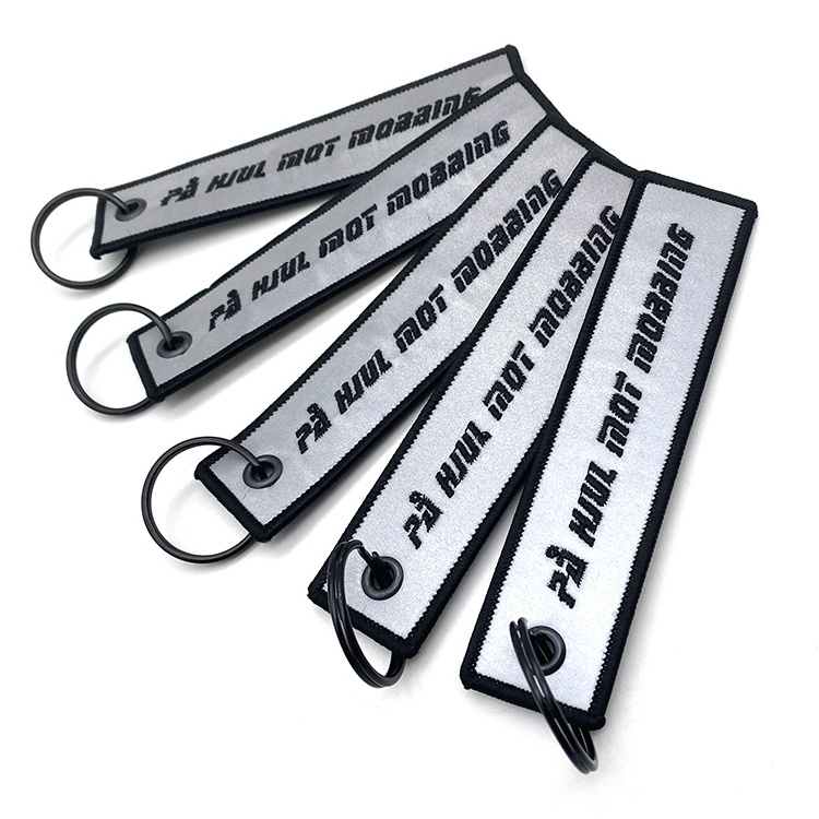 Custom Made Flight Logo Name Reflective Embroidery Fabric Key Tag In Keychain