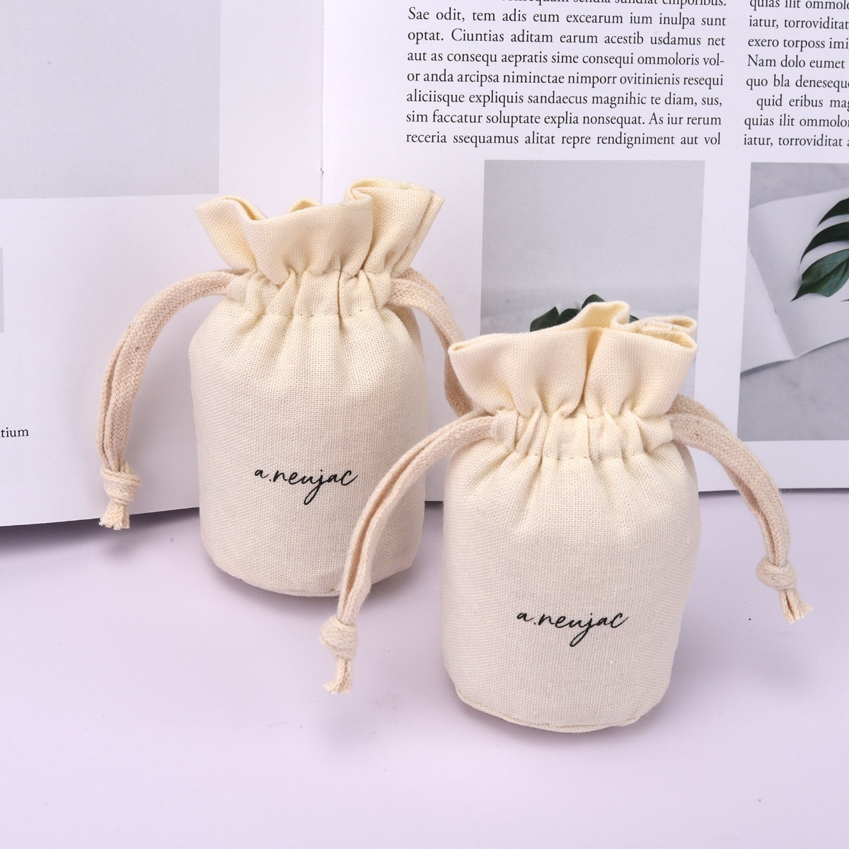 Custom Logo Printed Round Bottom Cotton Linen Gift Jewelry Pouch Drawstring Cotton Dust Candle Bag