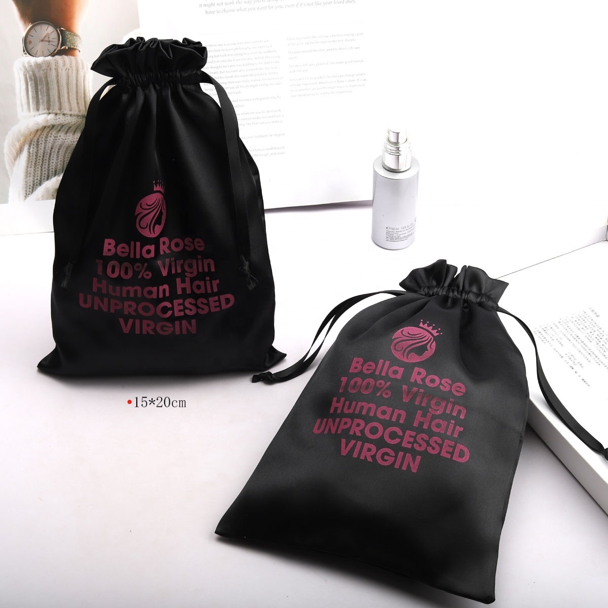 Custom Logo Printed Hot Sale Black Satin Hair Wig Extension Packing Bag Luxury Matte Storage Swimwear Dust Drawstring Silk Bag