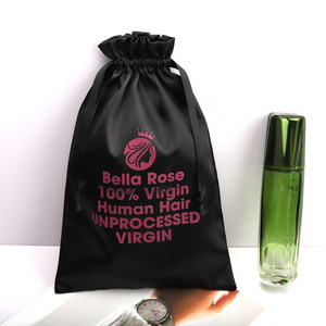 Custom Logo Printed Hot Sale Black Satin Hair Wig Extension Packing Bag Luxury Matte Storage Swimwear Dust Drawstring Silk Bag