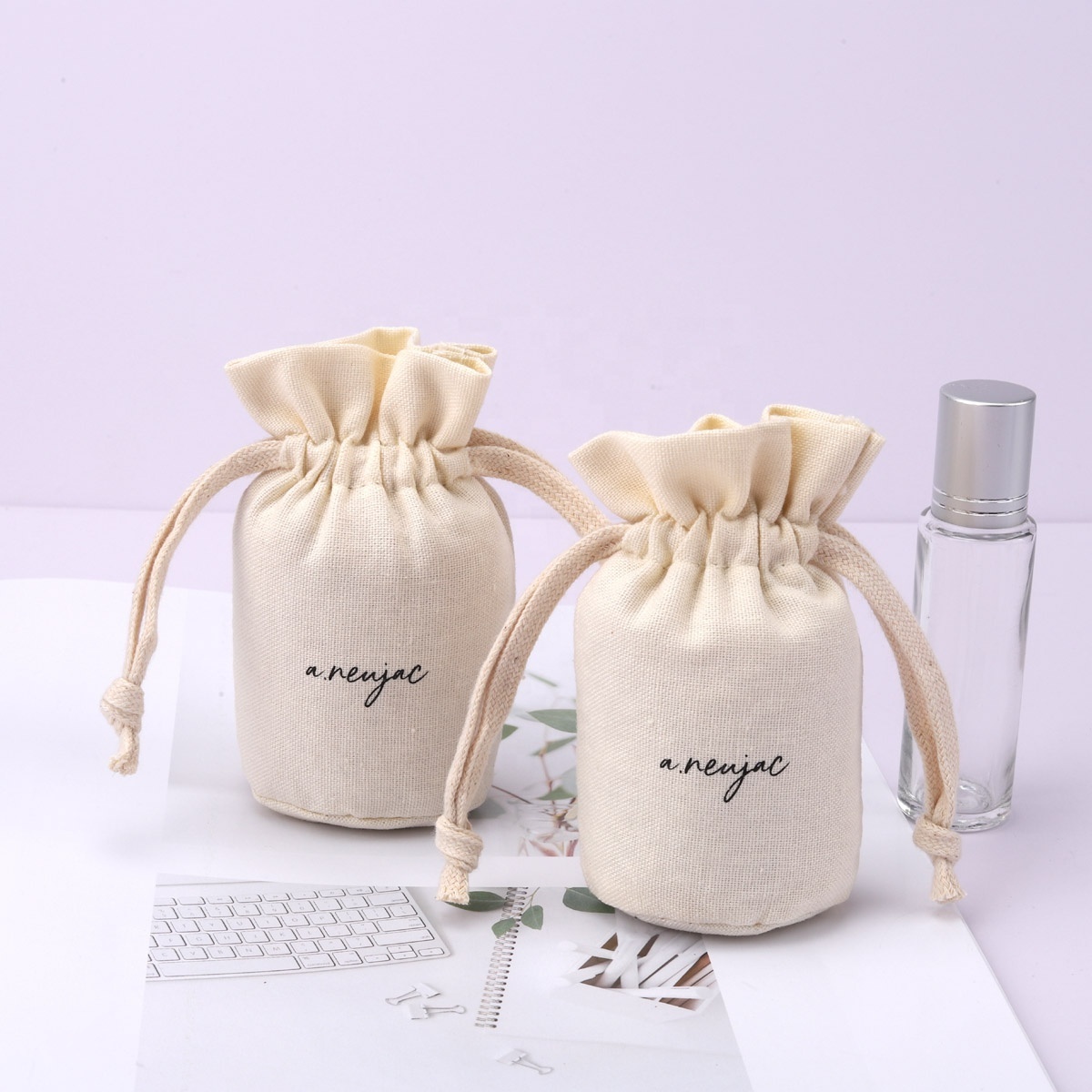 Custom Logo Printed Round Bottom Cotton Linen Gift Jewelry Pouch Drawstring Cotton Dust Candle Bag