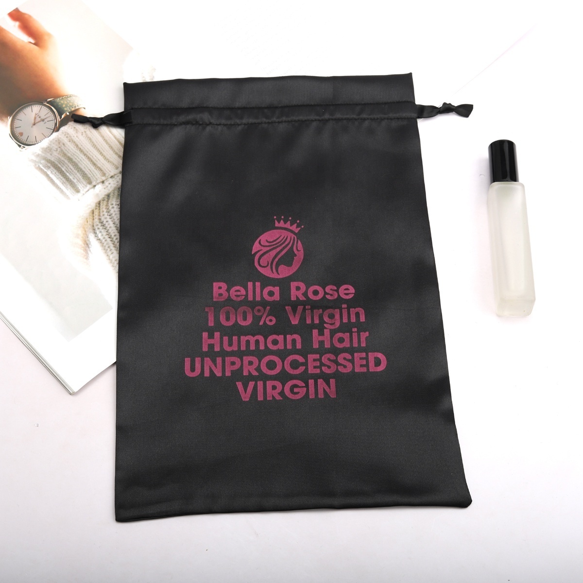 Custom Logo Printed Hot Sale Black Satin Hair Wig Extension Packing Bag Luxury Matte Storage Swimwear Dust Drawstring Silk Bag