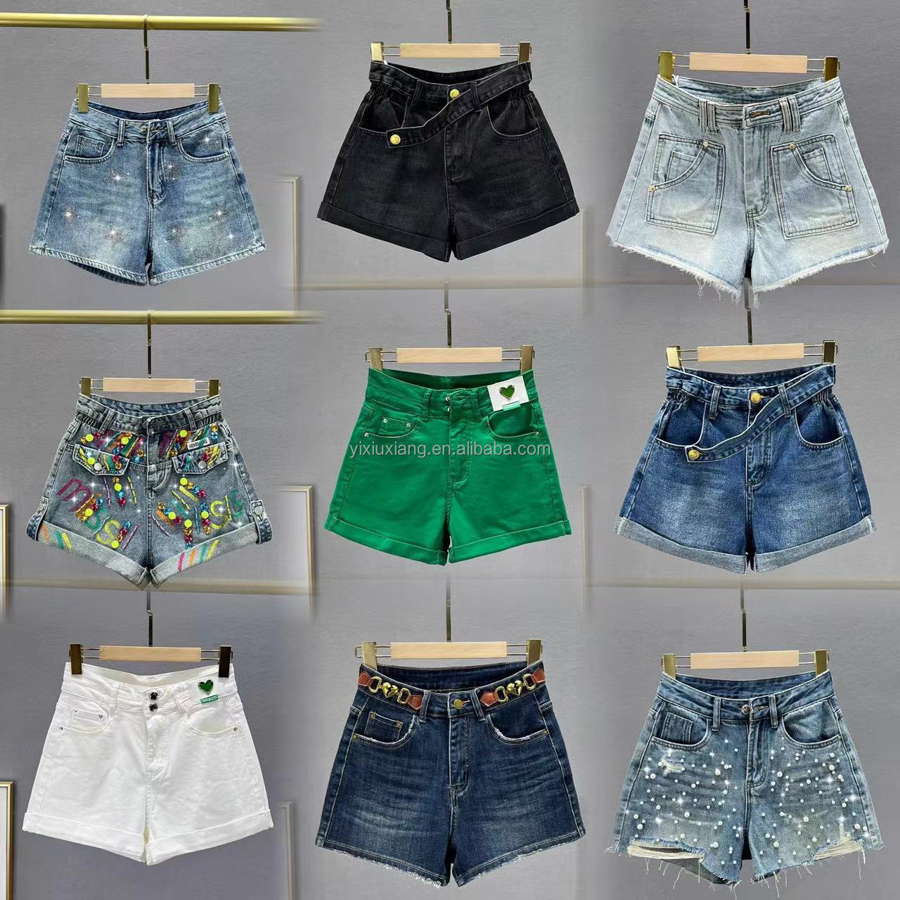 Wholesale women's short denim shorts with printed, split and tight styles