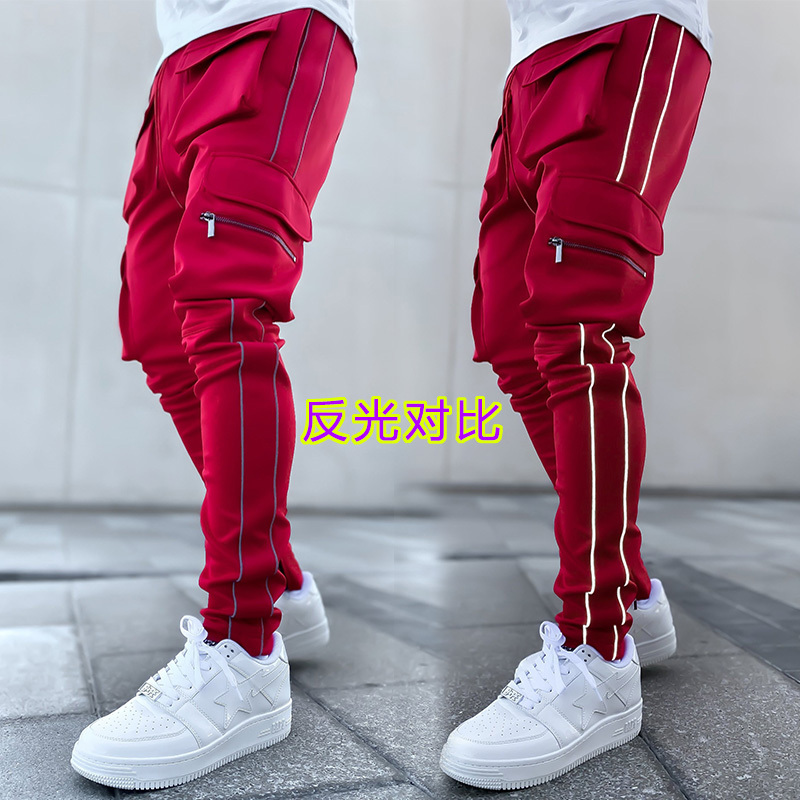 Wholesale 3m Reflective Printed Streetwear Baggy Men's Stacked Joggers Cargo Pants 6 Multi Pocket Stacked Cargo Track Pants Men