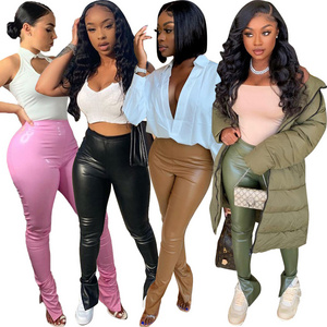 2022  Skinny High Waist Stretch Ladies Sexy Pants Pink Liquid Shiny Stacked Faux PU Leather Pants For Women