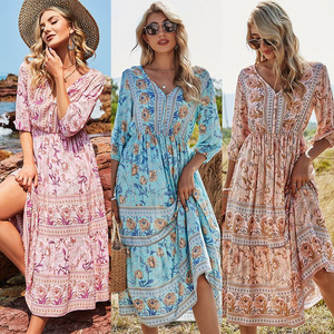 2022 Wholesale Boho Button Vintage Slim Short Sleeve Floral Print  Long Dresses Women Maxi Elegant Casual Bohemian Beach Dress