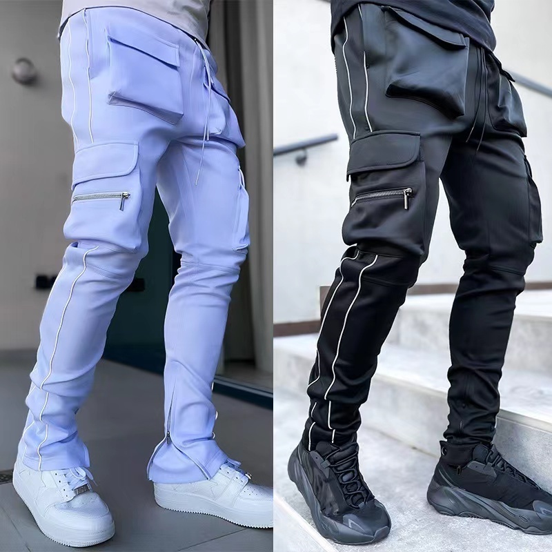 Wholesale 3m Reflective Printed Streetwear Baggy Men's Stacked Joggers Cargo Pants 6 Multi Pocket Stacked Cargo Track Pants Men