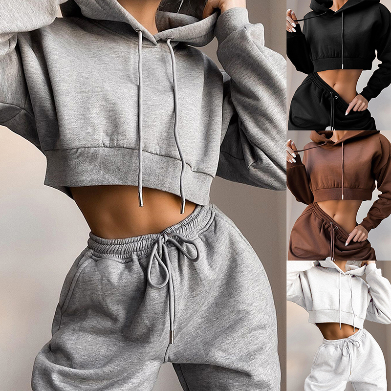 Women Casual Two Piece Sweat Set Hoodie Crop Tops Sweatshirt High Waist Long Harem Pants Jogger Hoodies Suit Outfits Tracksuit